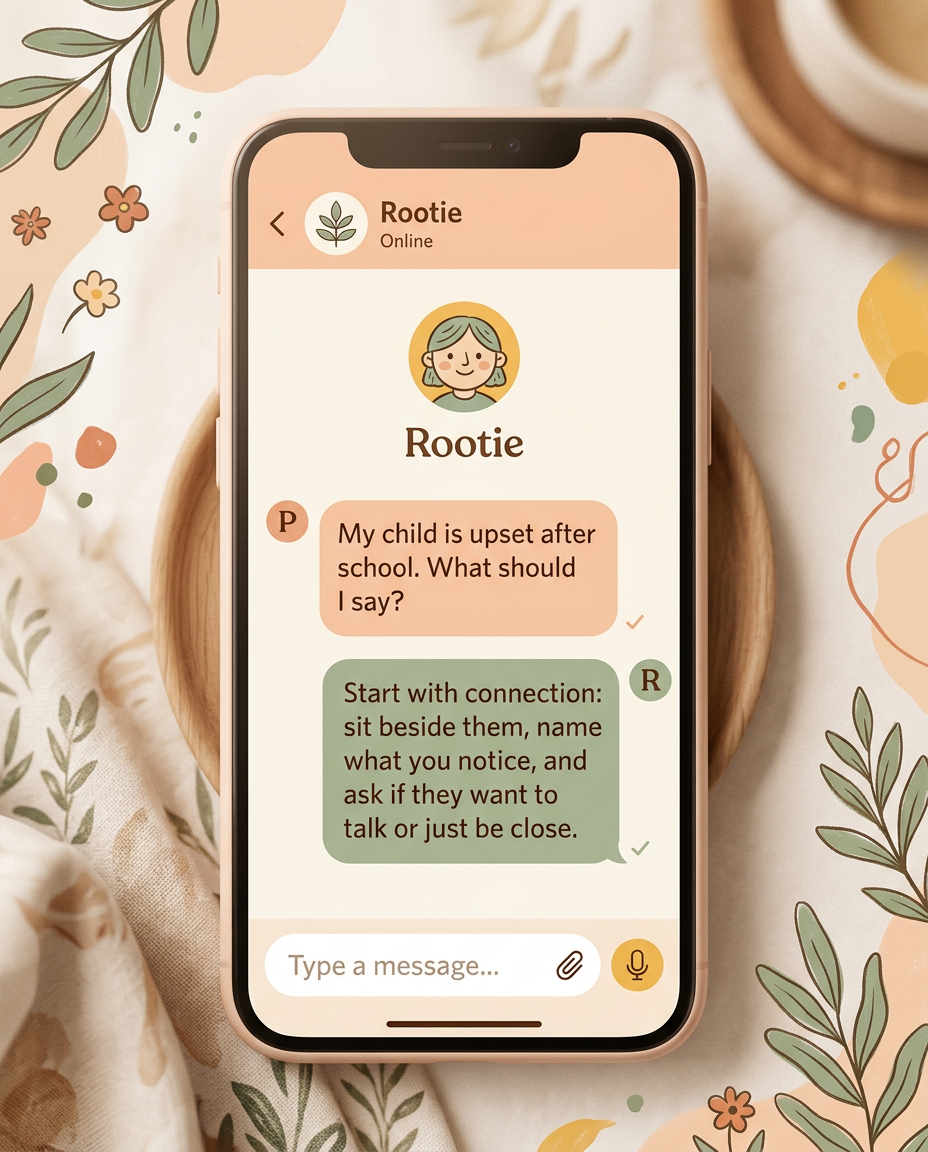 A parent asking Rootie for calm, practical help in a real moment
